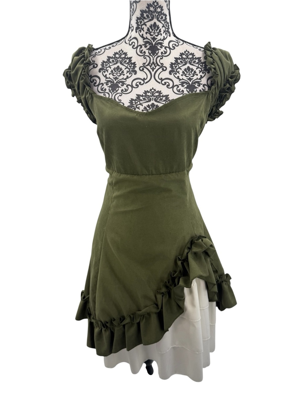 Fairycore Olive Green Ruffle Tunic Dress Cottagecore Woodland Boho Prairie Mini